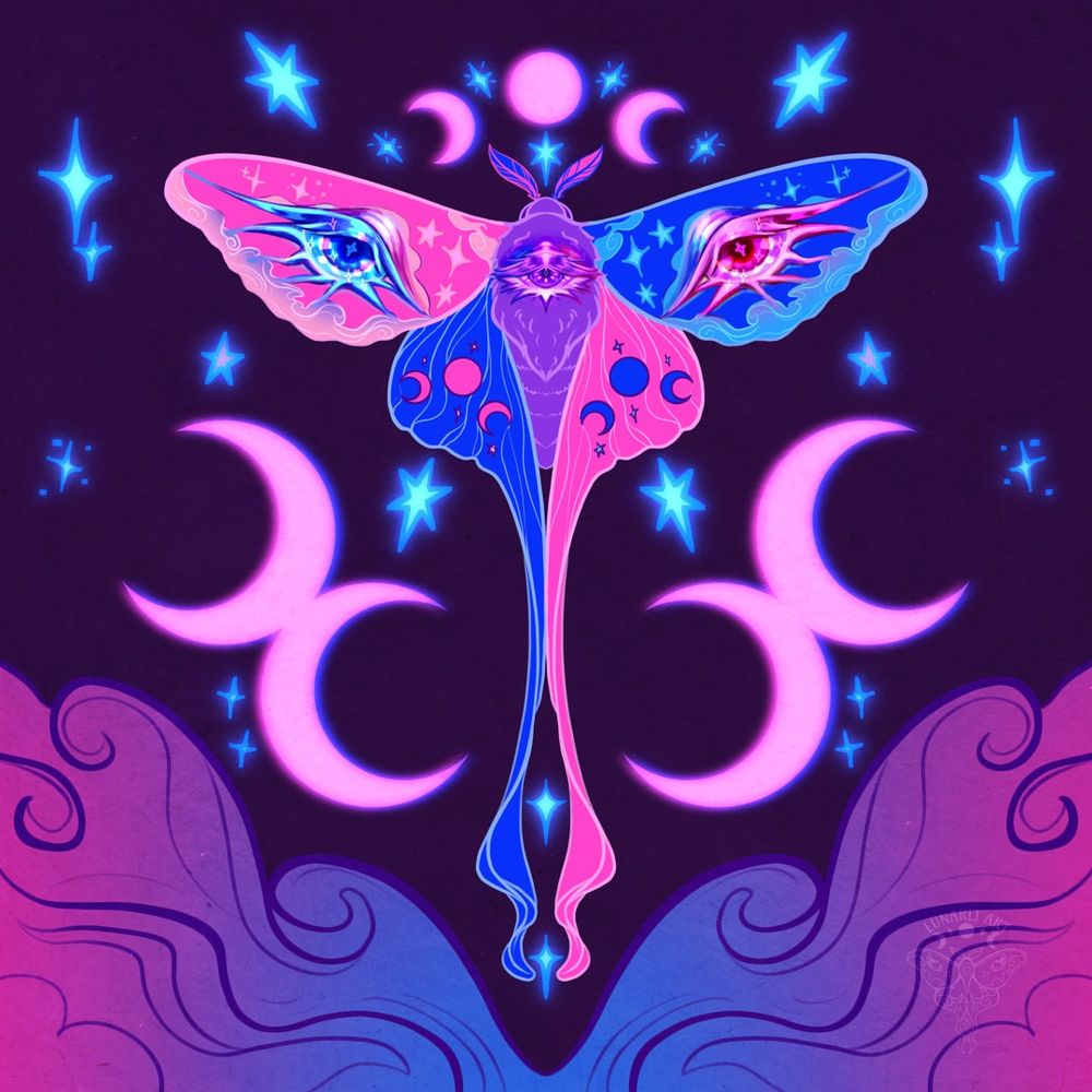Stylized illustration of a pink silk moth in bisexual pride flag colors. The moth's body is purple. The left antenna, upper right wing, and lower left wing are blue. The right antenna, upper left wing, and lower right wing are pink. Each wing has a painterly eye in the other color, with long lashes fading into dreamy clouds. The purple eye is in the middle on the body. The wings are decorated in blue and pink stars and clouds. Each lower wing has a triple moon phase arch. The moth rises above clouds in a gradient of the flag colors, against a deep purple sky with glowing blue stars. The background has a paper texture. The bi pride crescent moon symbols are on other side of the moth fitting into the curves under the wings, and there is a triple moon phase arch above the moth. They use chromatic aberration to show the flag colors.