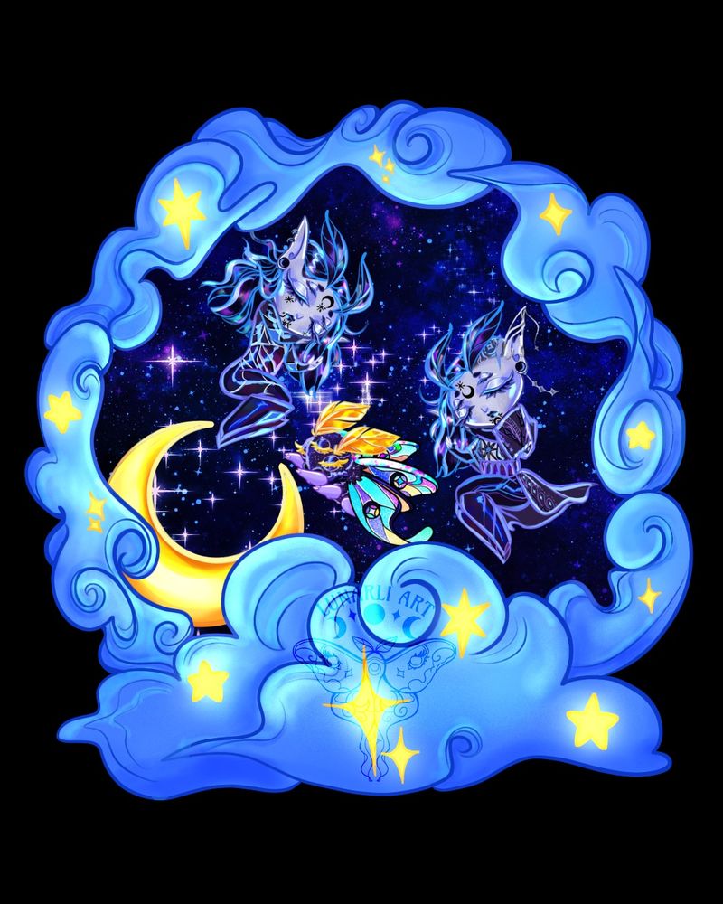 Chibi shaker charm design with a large watermark signature. In a void of starry space surrounded by dreamy blue clouds, two astral elf twins sleep in a starry field. The elves have pale, blue-purple skin, and wavy, deep blue-black hair with an aurora shine. One has a side shave and a torn ear with wire ear jewelry. They each have black star and moon themed face tattoos. One wears a dark-colored robe with fine colorful patterns and closer fitting clothing underneath. The other wears tighter, tougher and more fitted clothing. There is an alien-moth between them with gold antenna and wings like stained glass. The space void is deep blue and black with blue and purple stars. There are gold stars in the clouds and a gold crescent moon at the bottom-left.