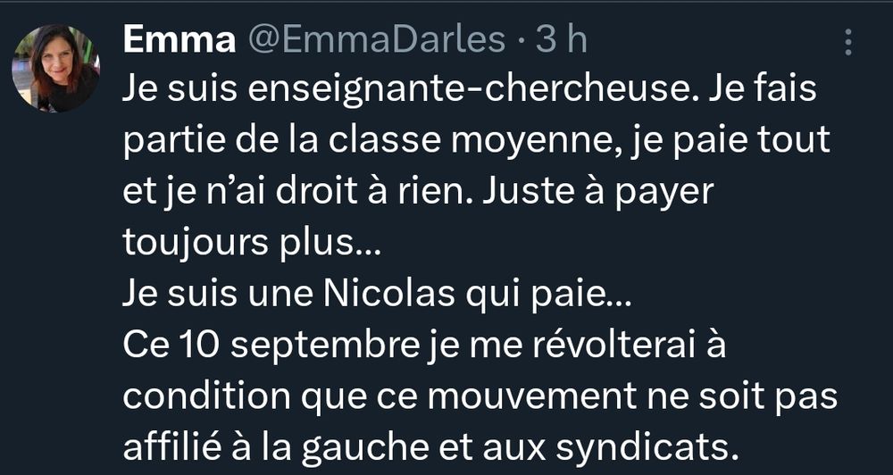 Sur X Emmanuelle Darle : Je suis enseignante-chercheuse. Je fais partie de la classe moyenne, je paie tout et je n’ai droit à rien. Juste à payer toujours plus…
Je suis une Nicolas qui paie…
Ce 10 septembre je me révolterai à condition que ce mouvement ne soit pas affilié à la gauche et aux syndicats.