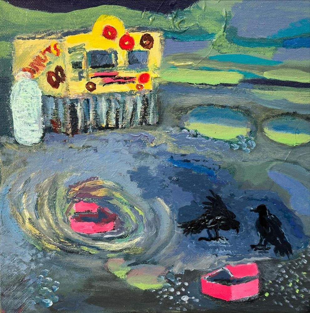 Textured painting in a loose style of a gravel-strewn parking lot with deep potholes full of water. The puddles reflect the wan yellow adn blue light of a dawn sky. At the horizon line is a festive yellow and corrrugated metal food truck painted with red lettering and pictures of floating donuts. A couple of crows inspect the ground near rumpled pink pastry boxes. One of the boxes was cast into a rippling yellow and blue-gray puddle.