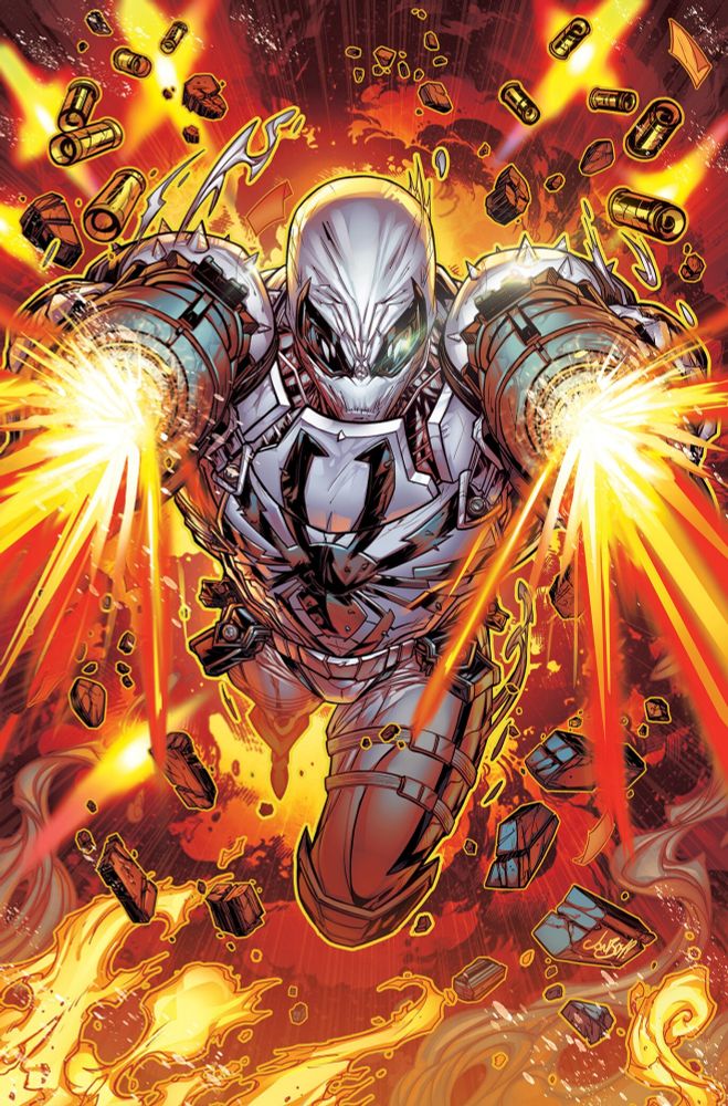 Flash Thompson wearing the Anti-venom pseudo-symbiote springing at the camera and firing automatic weapons from each hand. Sorry, I don't know the issue this panel is from, but it's from the Marvel Database wiki.
