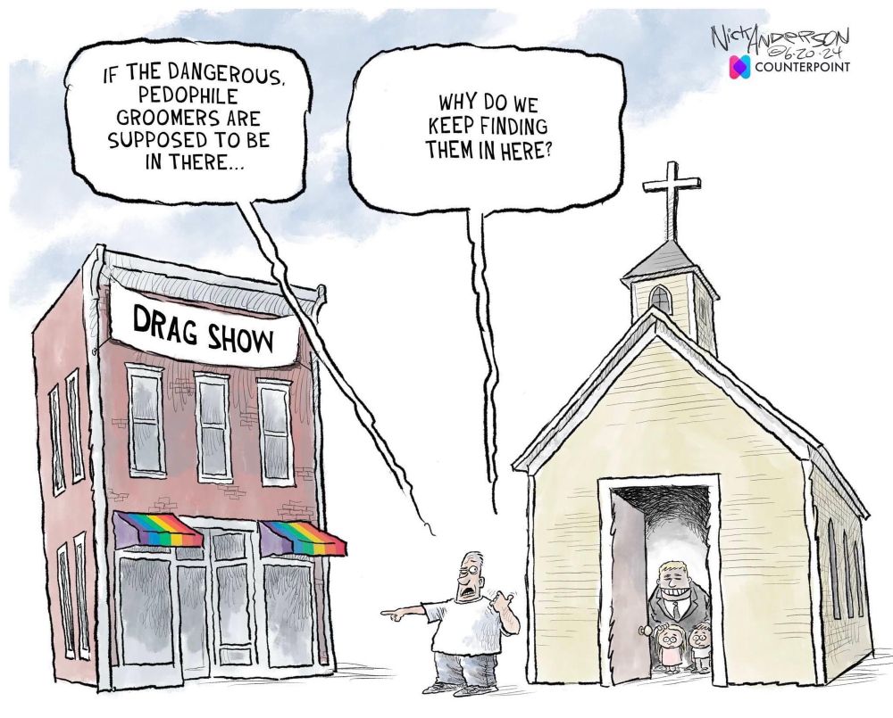 Cartoon showing a man standing between two buildings - a church on the right and a drag show on the left. 

He is questioning why if the dangerous paedophiles are supposed to be in the drag shows do they keep being found in the church?