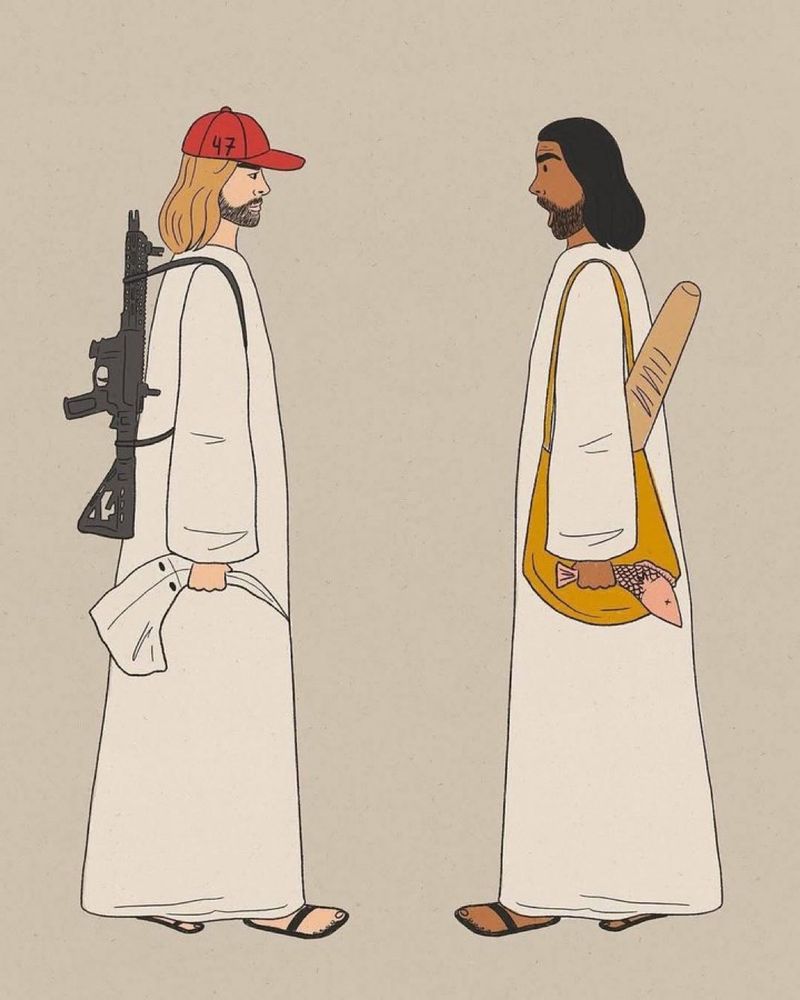 American Jesus on the left wearing a MAGA hat, carrying gun and klan hood; Christian Jesus on the right with bread and a fish.