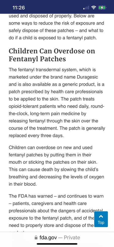 Screenshot from FDA website saying kids can be harmed by skin contact with fentanyl