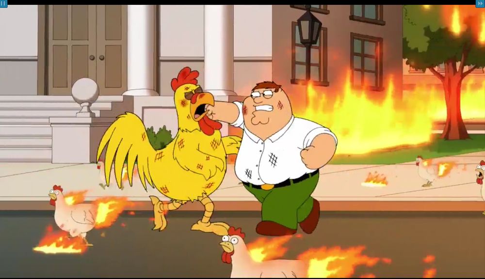 Peter Griffin fighting The Giant Chicken while everything around them burns down.