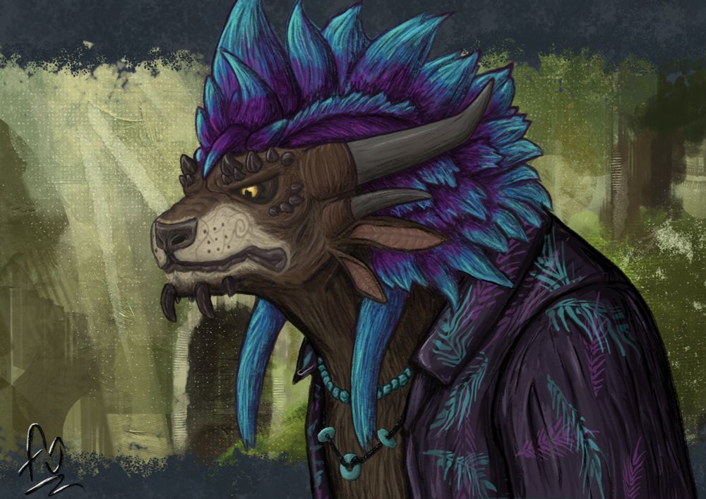 Charr character from Guild Wars 2, purple blue and cyan spiky hair, purple shirt with cyan , brown fur. Abstract cutscene-esque background.