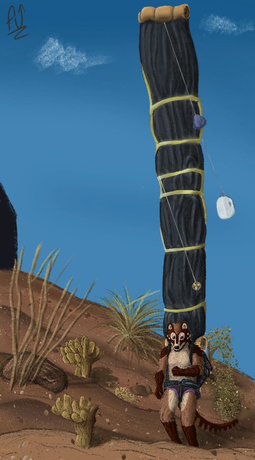 Anthropomorphic Coatimundi with a ridiculously big backpack hiking through desert terrain.