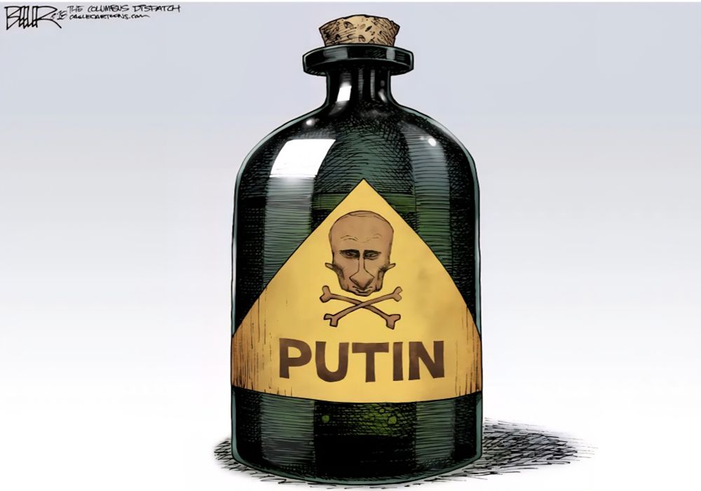 Corked green bottle w/ the word Puti. Under Putins Head and crossbones. 