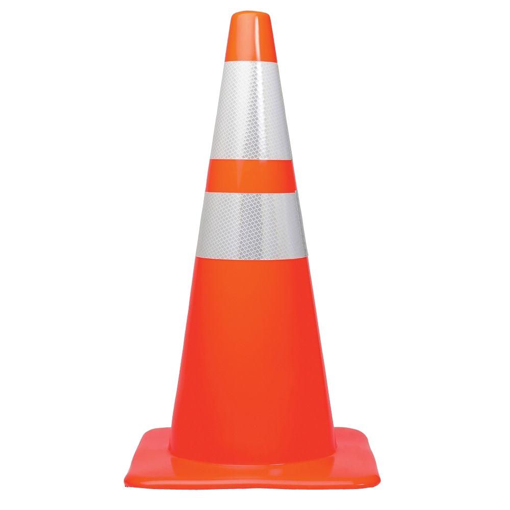 Single, orange traffic cone with two reflective, white stripes around the top on a white background.