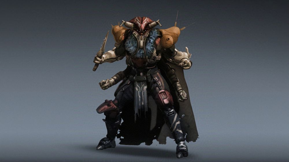 Fallen race.  Large humanoid with insect characteristics including four eyes and six limbs wearing earth toned rounded armor and lots of furs and fabric drape