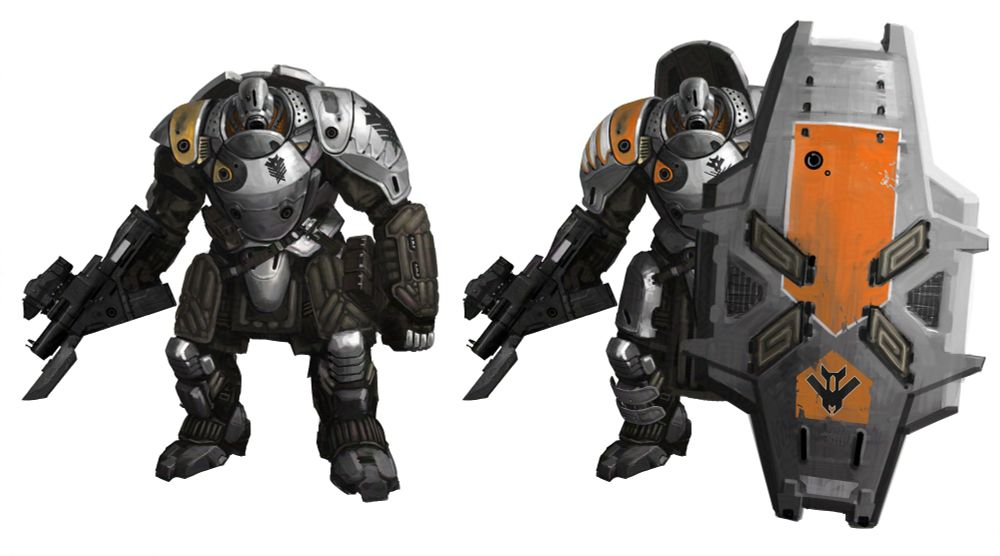 Two character illustrations.  Two large metal clad aliens one with and one without a large shield with an orange stripe