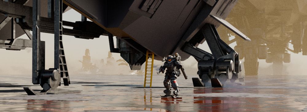 space man standing on wet ground with giant spaceship landing gear behind them, and large factories in the distance