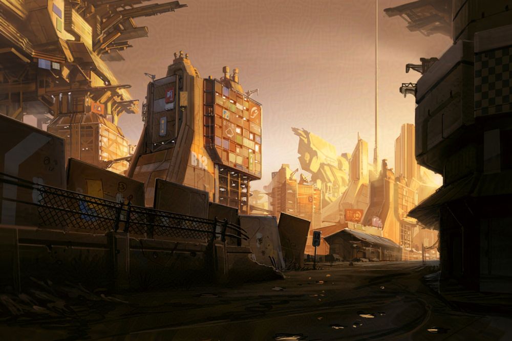 Dilapidated part of the city of New Mombassa, Orange lighting  with scifi structures in a bright background, foreground in shadow.