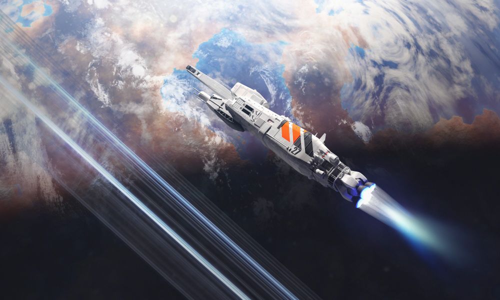 spaceship over ice rings orbiting an earth like world