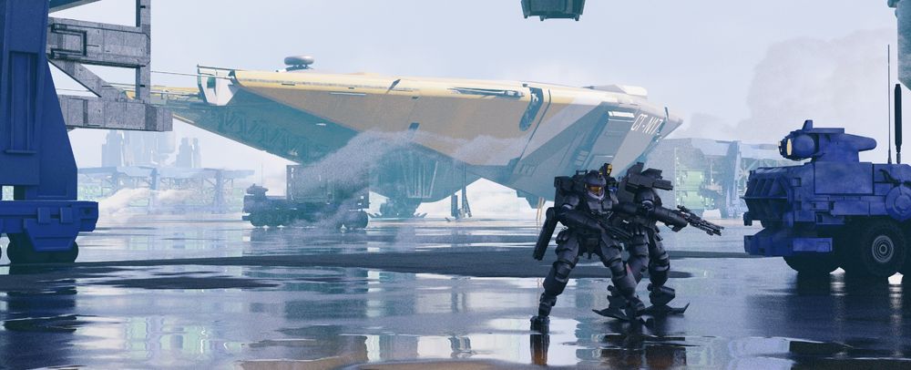 space troopers patroling a bustling space port with trucks and space craft in the background