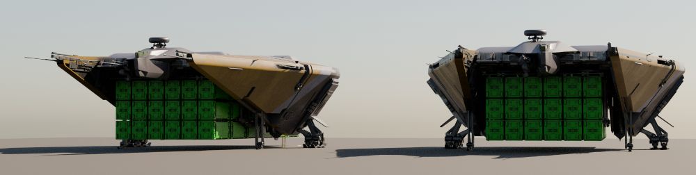 two yellow space haulers with their underbelly's full of green cargo containers