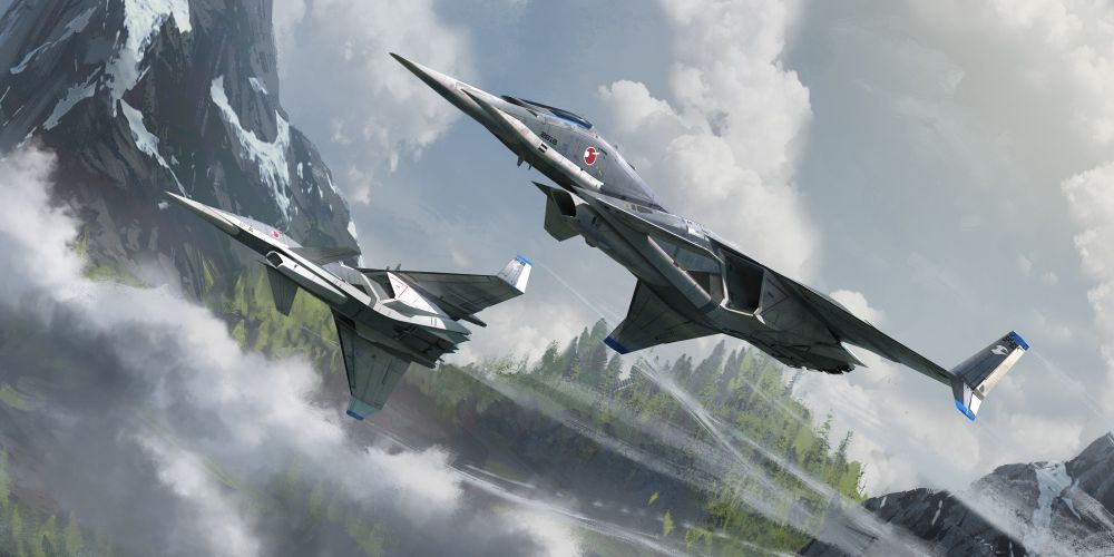 Two Interceptor Jets flying through a mountainous valley