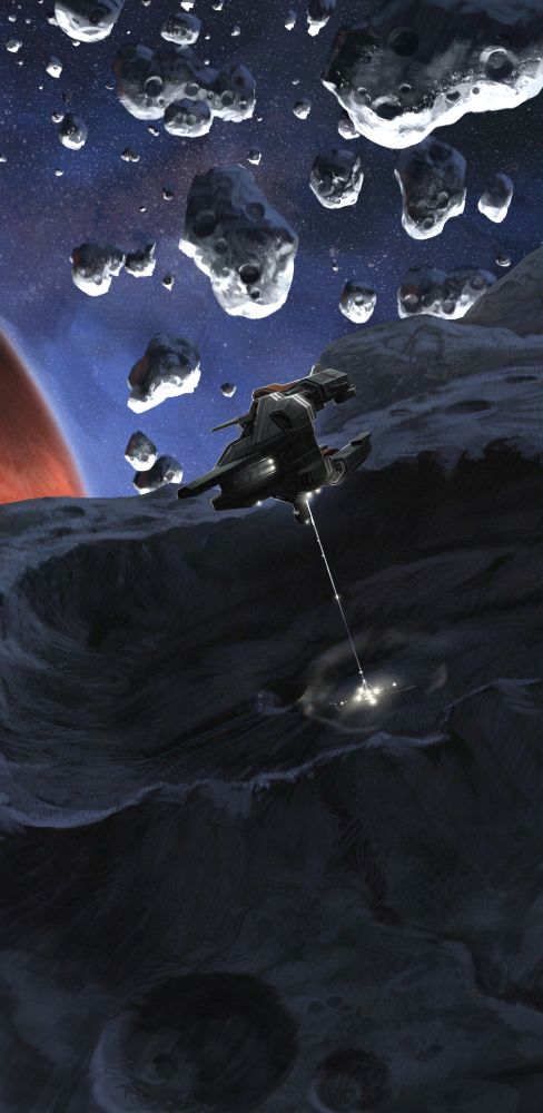 spaceship station keeping above the darkside of an asteroid with a red planet off to the left