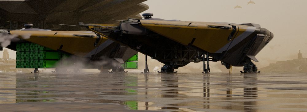 Two large Heavy lifting spaceships with factories behind them 