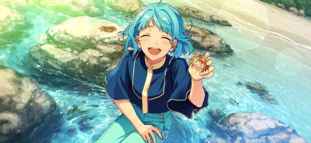 in game cg of hajime holding a crab while crouching on a rock at the beach