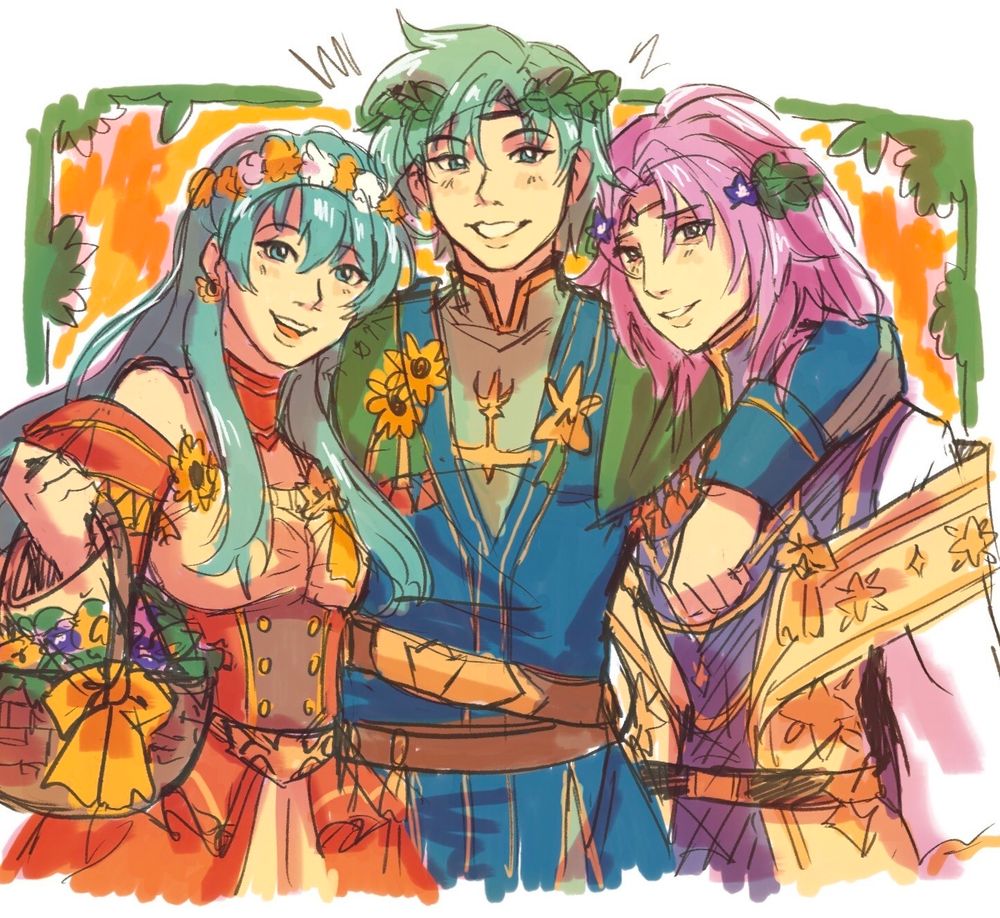 Digital drawing of Eirika, Ephraim, and Lyon wearing their Valentine's Day outfits from Fire Emblem Heroes. They all smile at the camera with arms around each other.