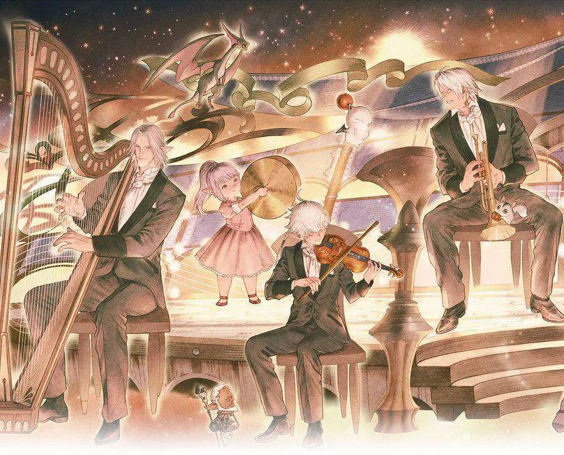 Cropped version of the symphony official artwork featuring the scions of the seventh dawn, where thancred, Alphinaud, Tataru, and urianger are placed from right to left