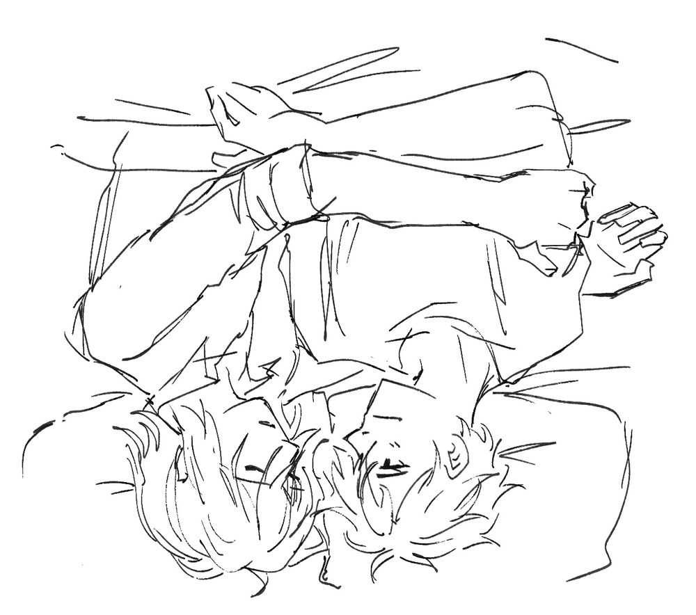 drawing of Chiaki and eichi lying in bed together. eichi has his eyes closed with arms around Chiaki. Chiaki smiles gently at him