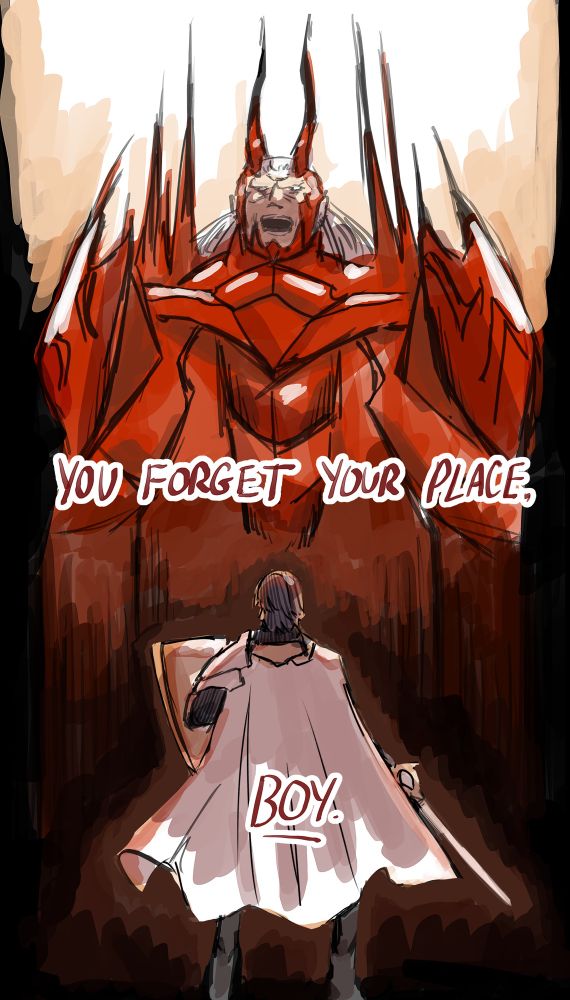 Digital drawing, first of the 4 part comic in this post. An exaggerated giant Walhart looms over Chrom, who is in his promoted great lord outfit and sword draw . The text says ‘you forget your place, boy.’ Black creeps in from the bottom to top of the image. 