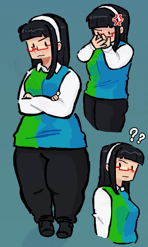 The image features a woman depicted in multiple poses. The character has black hair, glasses, and wears a simple outfit that combines blue and green. Expressions range from serious with crossed arms to confusion and embarrassment.