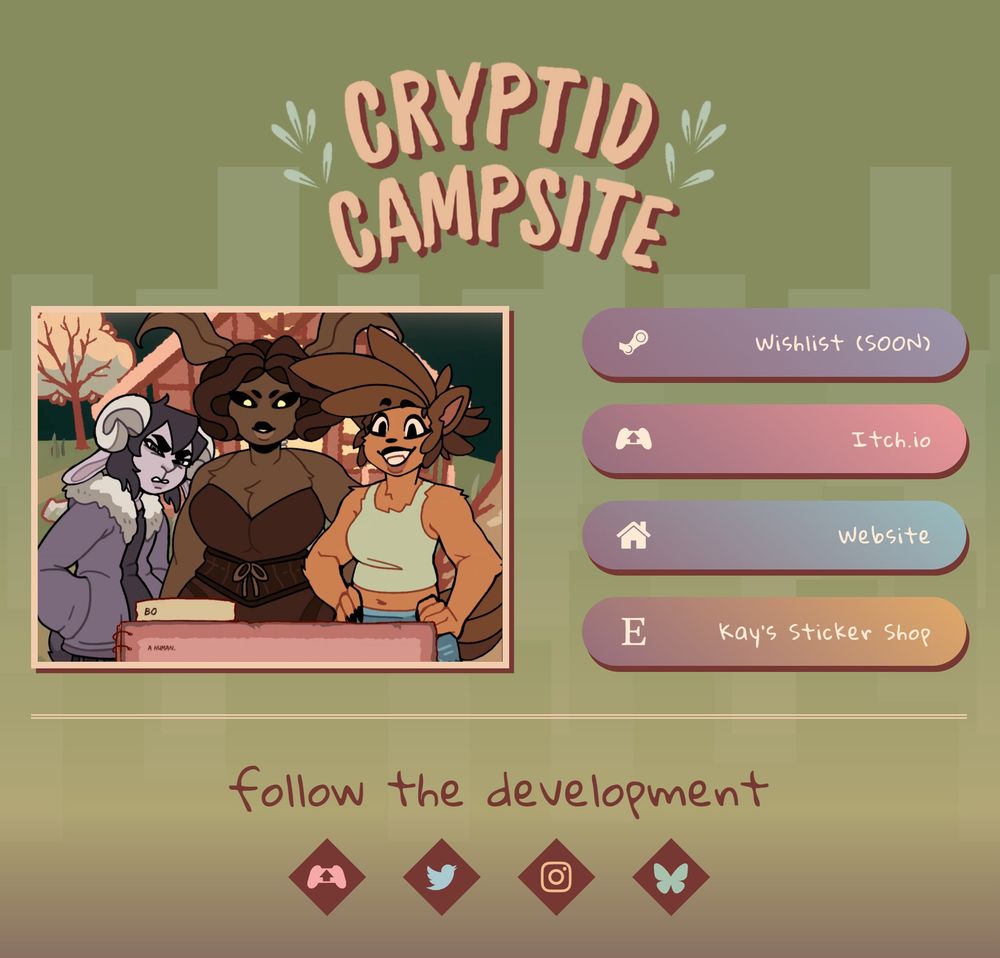 screenshot of the cryptid campsite landing page. includes links to various information pages as well as social medias to follow