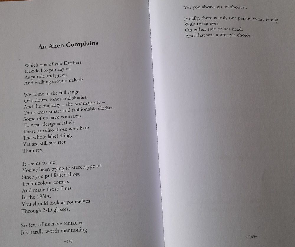 A pic of Rob Altman's poem 'An Alien Complains' from the Bennison Books anthology Indra's Net.