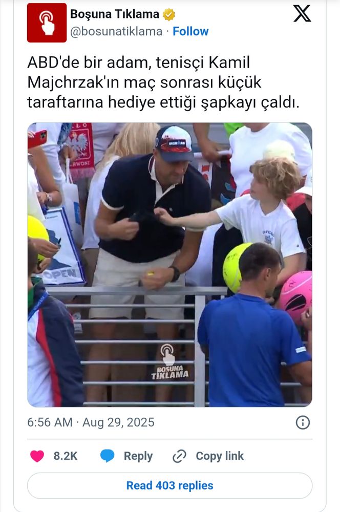 Man steals signed baseball cap from child at tennis match