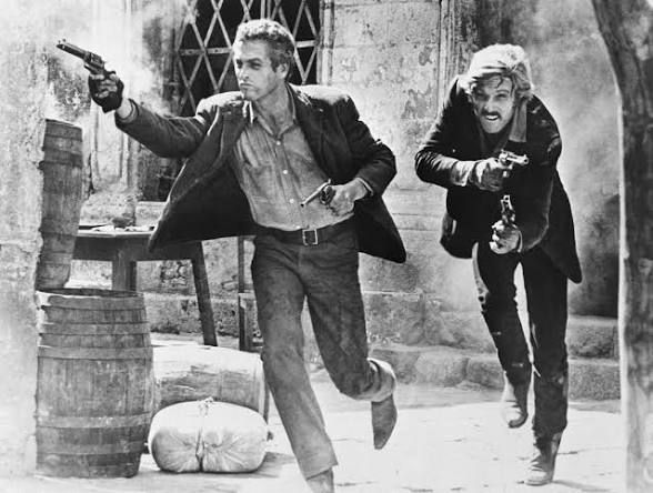 Final image from Butch Cassidy and the Sundance Kid where they go out guns blazing against the Bolivian Army.