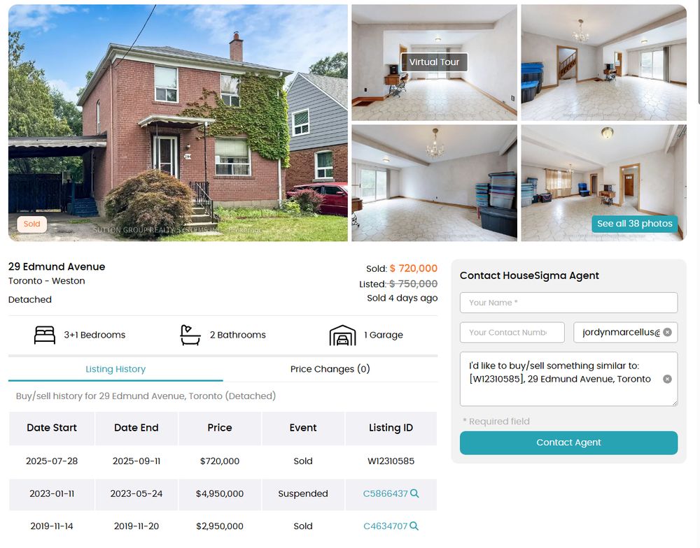 a house sigma listing that shows a property sold november 20th, 2019 for 2.95million dollars, a suspended sale at 4.95million that went from january 11th, 2023 to may 24th, 2023 and then the final sale price of 720,000 dollars knocked down from 750,000 dollars.

the house itself is a boring brown two-level that shows some empty rooms with plastic rubbermaid containers stacked on it.