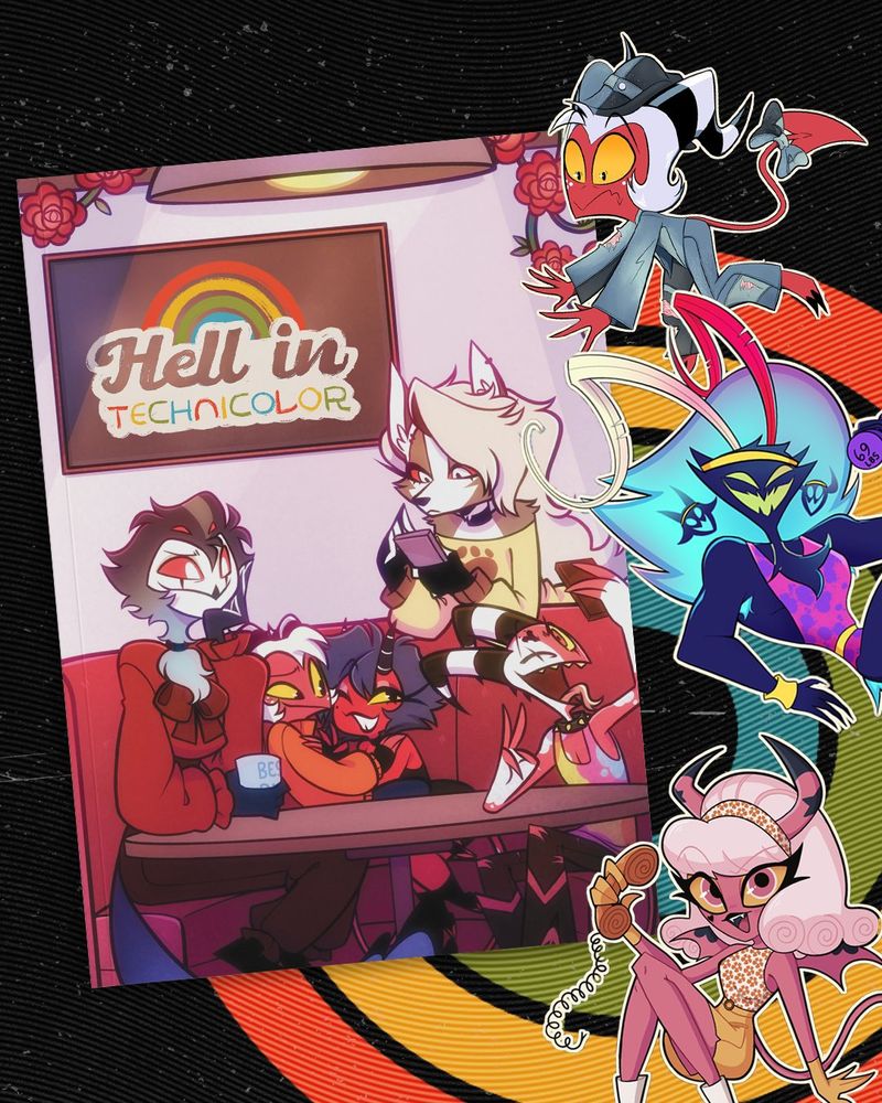 Hell in Technicolor Zine cover with merch designs next to it💜💜