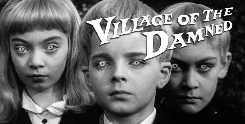 Photo of "Village of the Damned" children with blonde hair and glowy eyes.
