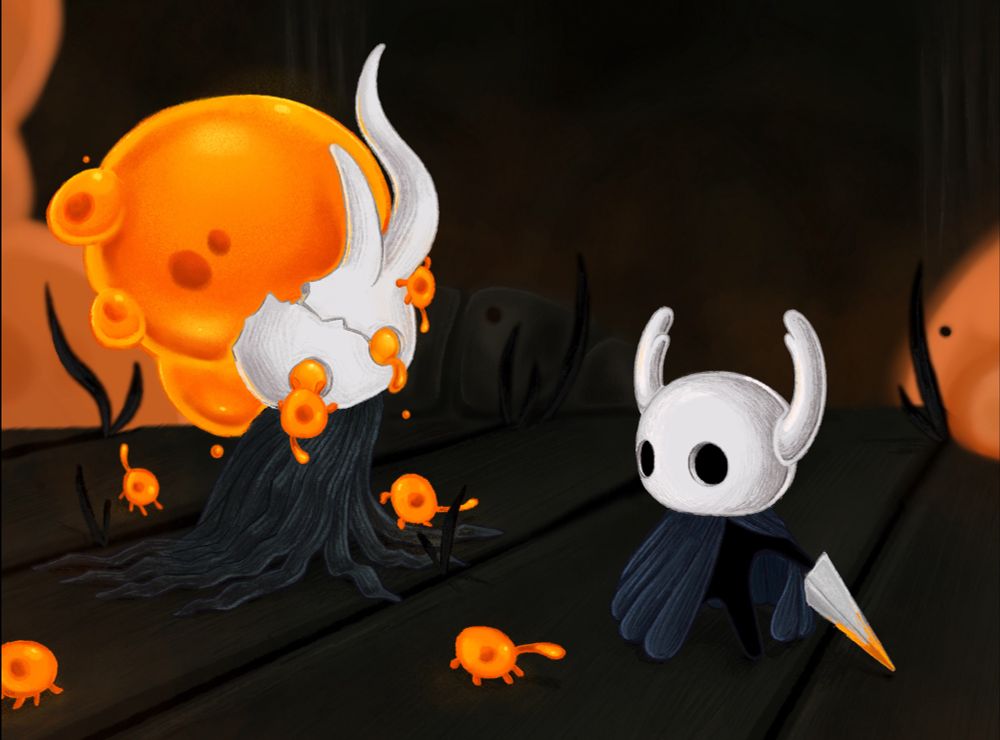 Drawing of my interpretation of the cutscene before the broken vessel boss fight from the game Hollow Knight.