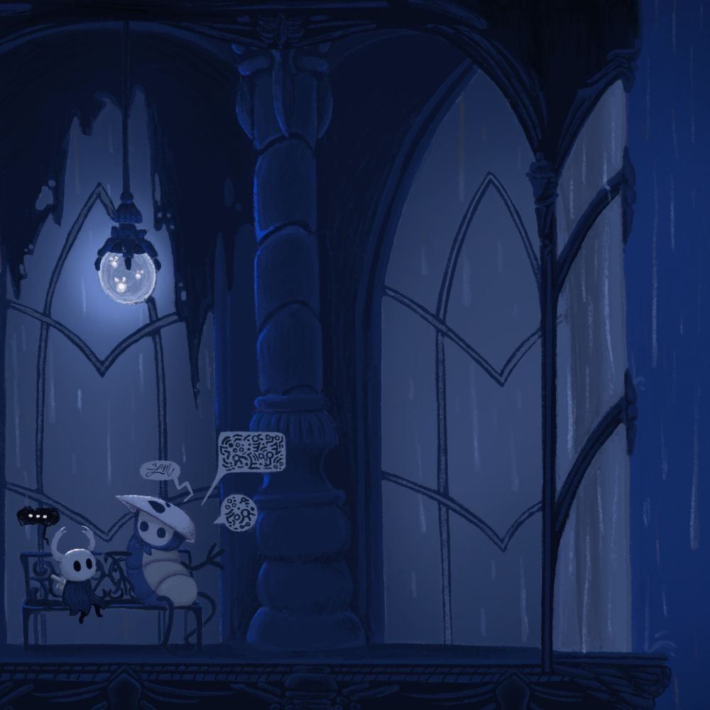 Drawing of Ghost and Quirrel from the game Hollow Knight sitting on a bench in the City of Tears.