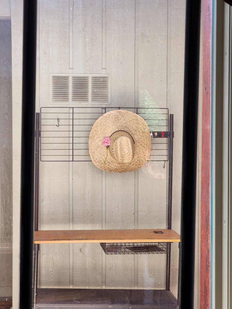 a fairly nice picture of a straw hat mounted on a rack in the distance, viewed through a window, through a staircase railing. there's a beautiful pink rose on the hat 