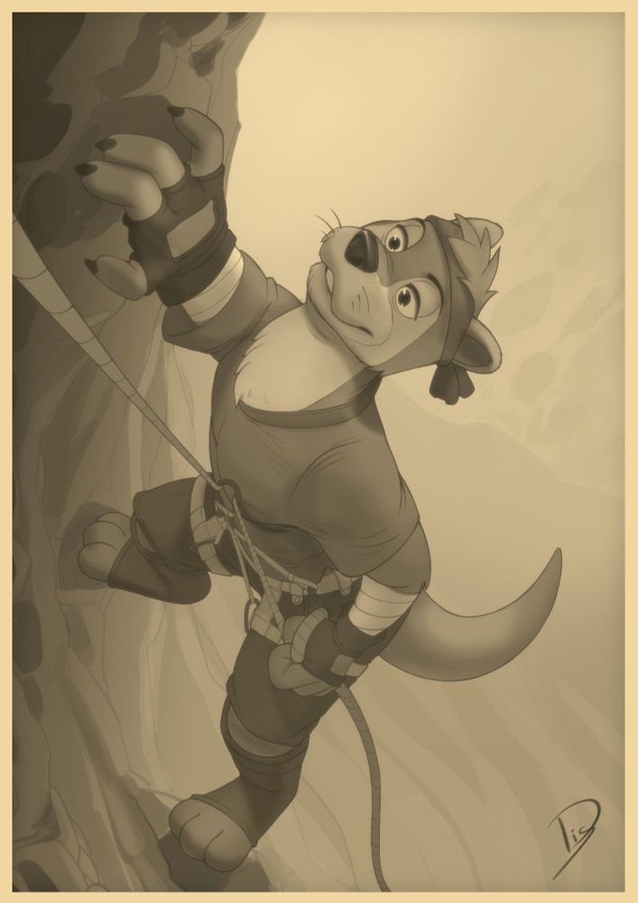 Lutren (Otter) rock climbing.
He is secured with his climbing gear on a rope. At the moment holding the line and posing for the photo.

This is an digital Drawing made by @diggerthefox.bsky.social 