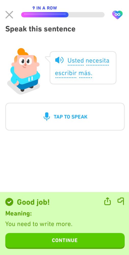A screenshot of Duolingo with Spanish “Usted necesita escribir mas” and the English translation “You need to write more”   