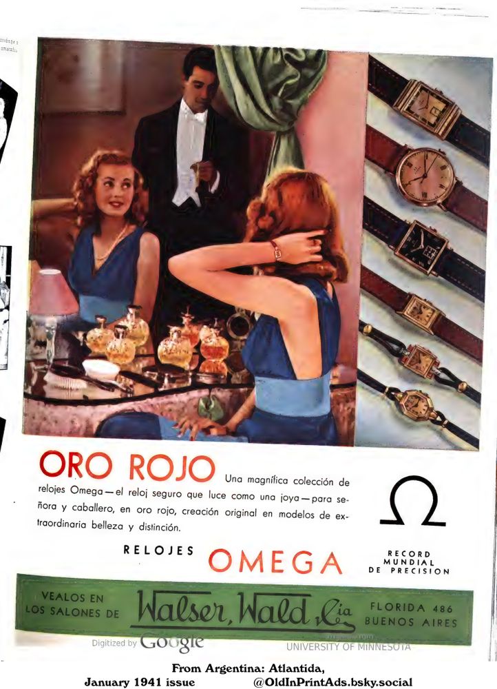 An advertisement for a collection of red gold watches, a classic design for both men and women, models of extraordinary beauty and distinction, with a world record for precision.
«Red Gold

A magnificent collection of Omega watches - the reliable watch that looks like a jewel - for ladies and gentlemen, in red gold, an original creation in models of extraordinary beauty and distinction.»

