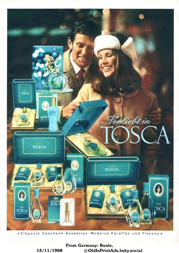 This is an advertisement for a brand of perfumes and fragrances, showcasing various gift sets and individual products. The ad features a smiling couple and a range of elegantly packaged items, emphasizing the brand's appeal as a desirable gift option.
«In love with TOSCA

Elegant gift sets - Modern carafes and Flacons»
