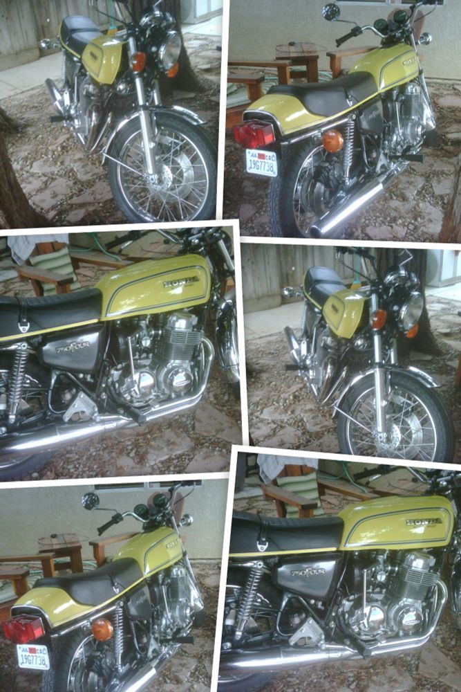 A yellow 1976 Honda CB750F Super Sport motorcycle parked under our redwoods. 