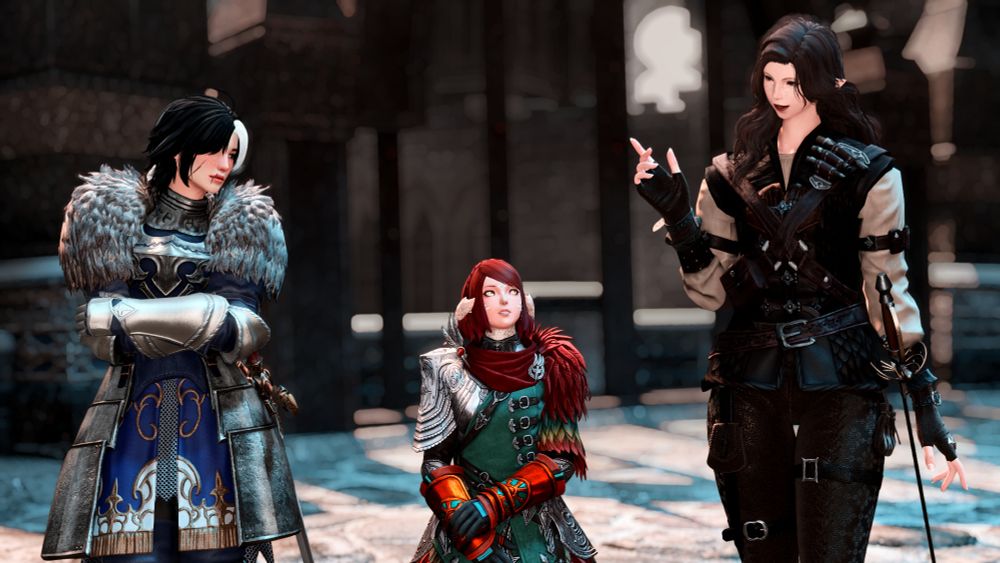 A screenshot of my OC Elara Albrecht (left) with a friend, Liyana Defade (mid) and another friend, Esmeralda Beauchene (right)

Liyana stands in the middle nervously looking up at Esme as she talks, while Elara stands on the other side, looking down at her.