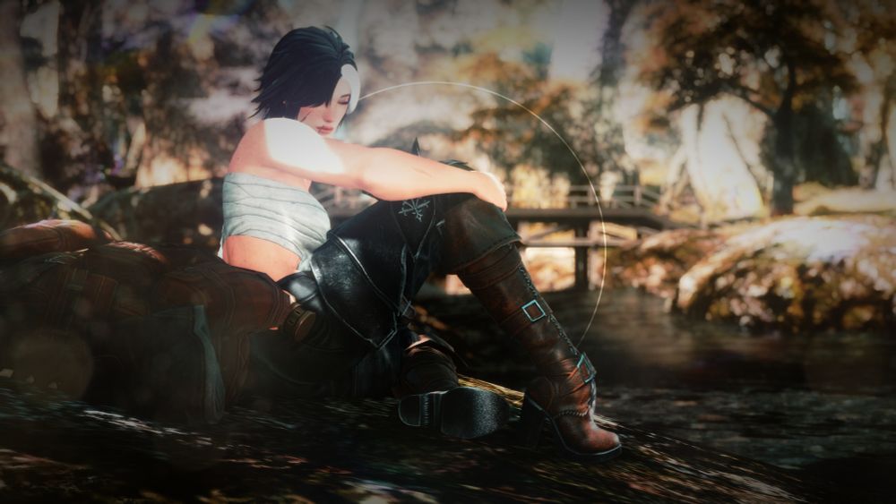 In shot is  my Hyur OC Elara Albrecht. She is sitting on a rock besides a river, her upper armoured is removed, showing her torso, her breasts wrapped. She props up an arm on a leg and is looking down, her eyes closed, an expression of gentle reflection across her face.

Besides her is a bag, kitted with travelling gear, implying she is on a journey.

This is a moment as she is leaving Ishgard, saying goodbye to the few people who remain and matter to her. Despite the horrors she experienced here, she cannot help but love the land she fought to protect. 

Her feelings are complicated, given the conclusion of the Dragonsong war, it is something she is processing, yet in moments like this she finds a break in the clouds to simply be. 