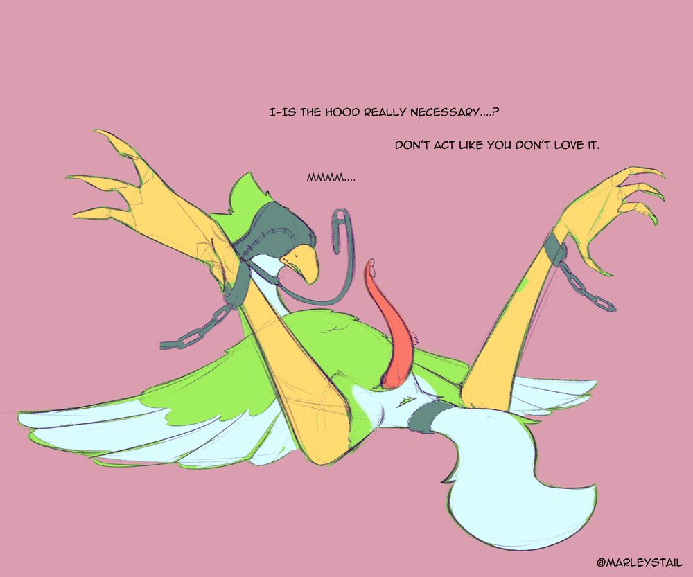 Bana with a bird hood on having dialogue with an offscreen character:

"I-is the hood really necessary...?"

"Don't act like you don't love it."

"Mmmm..."