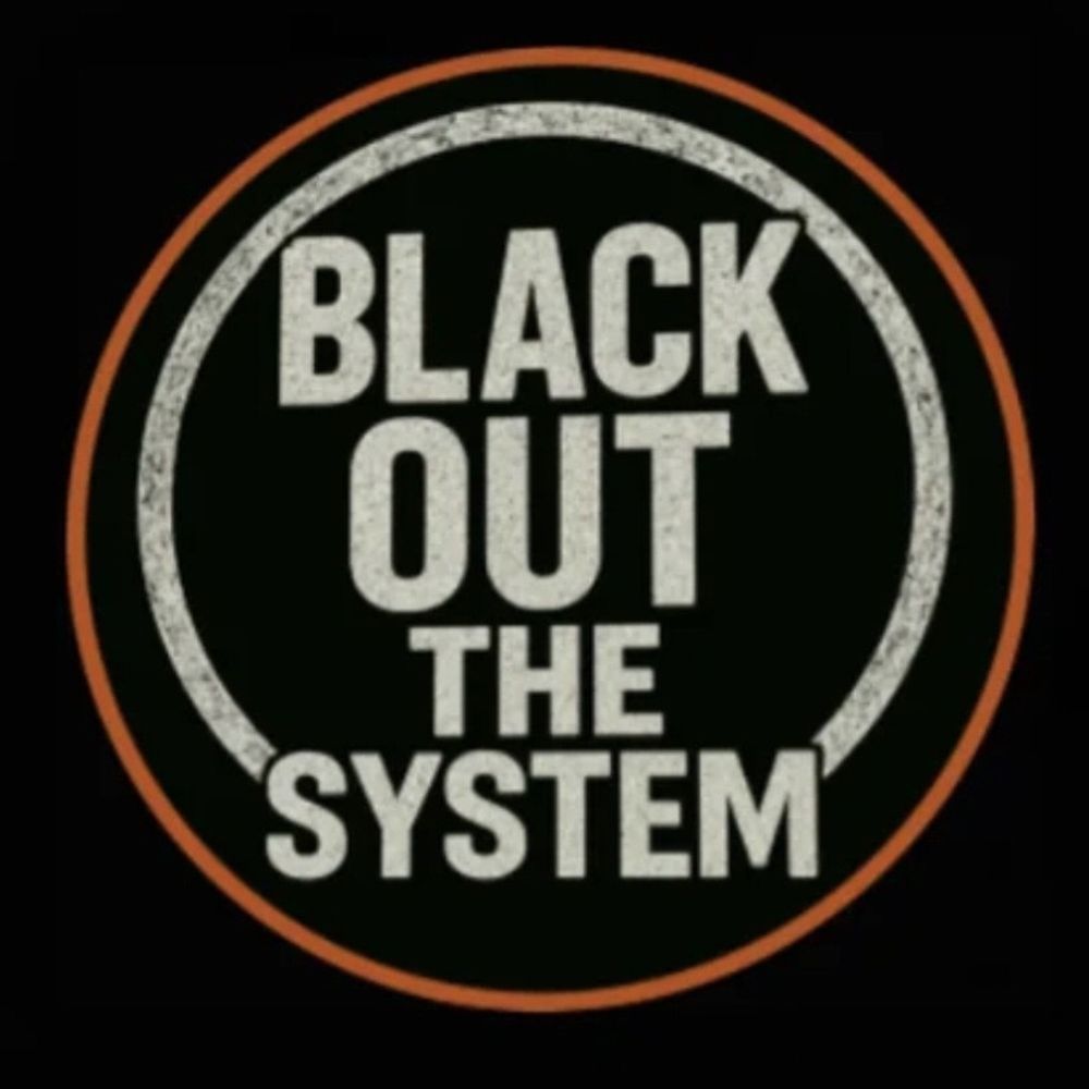 Black background. Red Ring around white lettered logo for blackout the system. Creator uncertain