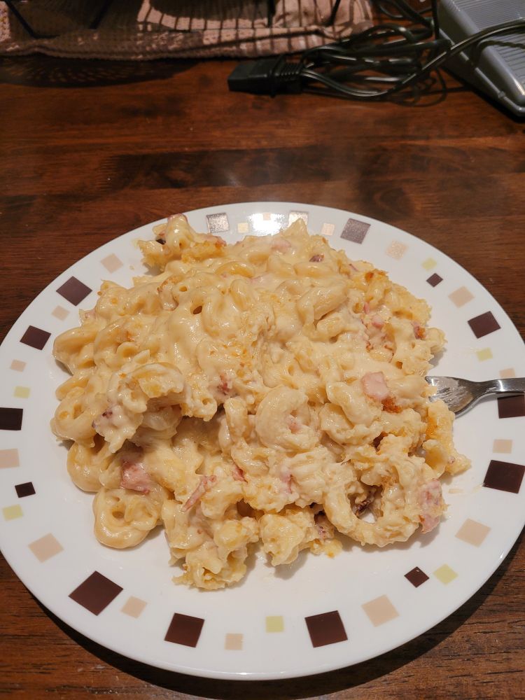 Mac and Cheese on a plate with bacon bits spread throughout.