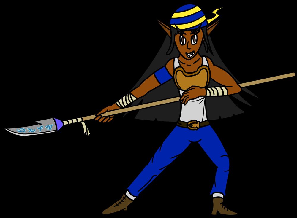 Alon Shevalsa's Commodore Outfit.

It consists of a white sleeveless top underneath a bronze breastplate, dark brown pants, blue leather pants, and beige shoes with white socks. Her hair is wrapped around a blue and yellow bandana, and her arms are wrapped in light brown bandages. She also wears a blue armband on her left arm. She does an action pose with her signature naginata polearm with blue runes on its blade.